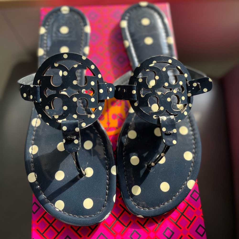 Tory Burch Navy Dot Miller Patent Sandal